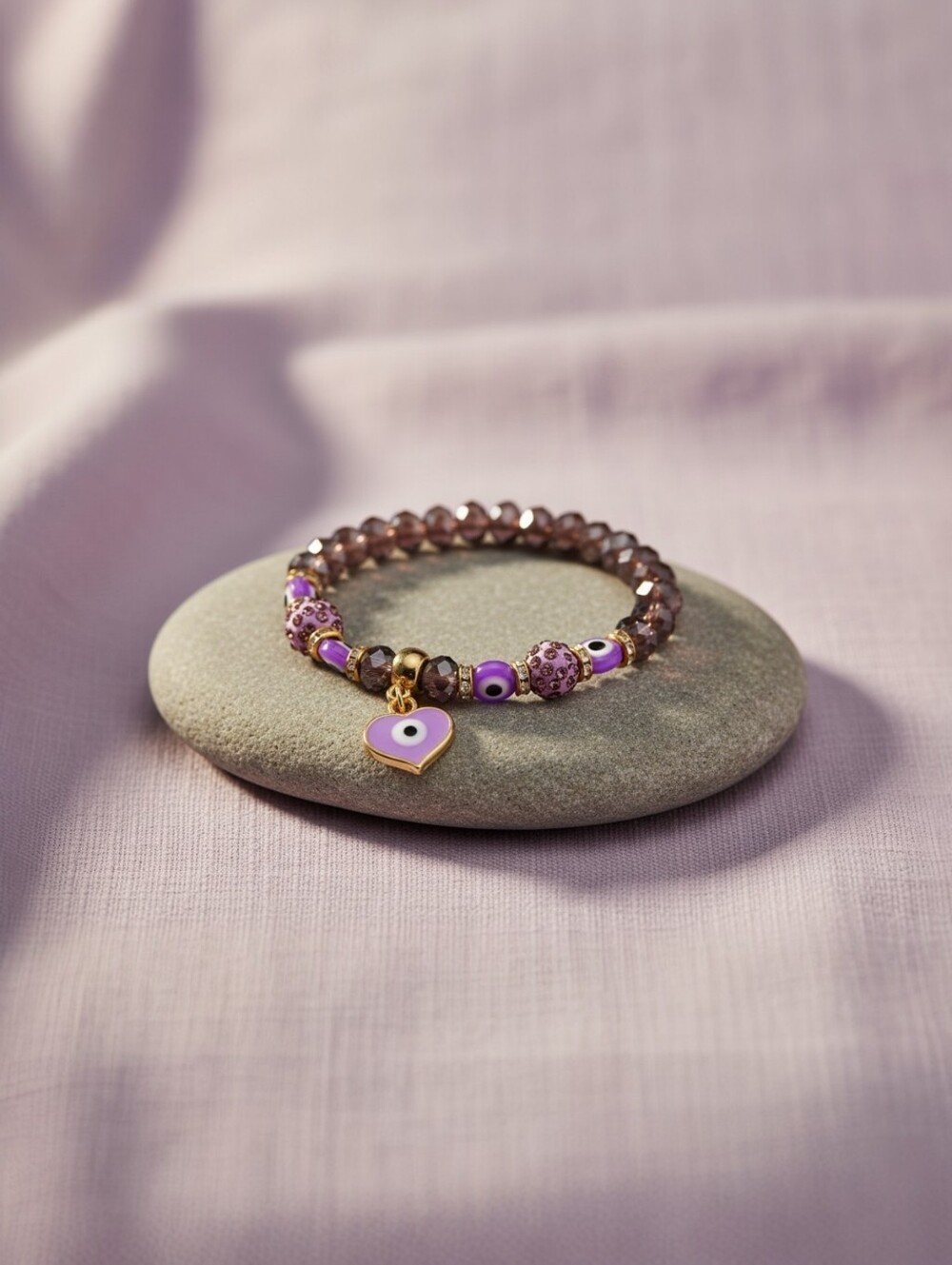 Women's Purple Evil Eye Handmade Smokey Quartz Natural Stone‎ Charm Bracelet